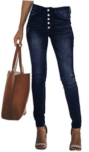 KIRUNDO Womens Skinny Jeans with Buttons Solid Color Casual Stretchy High - Picture 1 of 5
