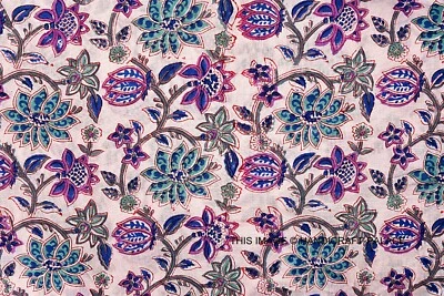 Cotton Fabric Hand Block Print Pure Sanganeri Running Indian New Vintage 3 Yard - Image 1 of 4