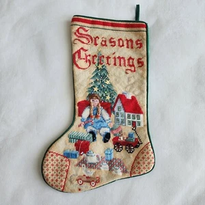 Medias de Navidad vintage hechas a mano a punta de aguja calcetín niños árbol casa nieve - Imagen 1 de 12