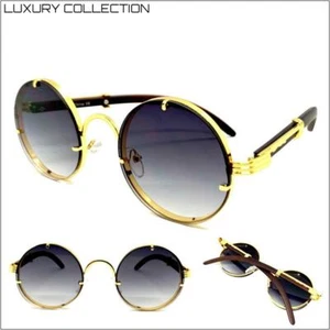 Men Classy Elegant Exotic Modern Retro Hip Hop SUN GLASSES Round Gold Wood Frame - Picture 1 of 8