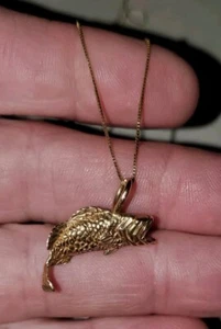 Schöner Vintage 14 Kt Gelbgold großer Mund Bass Charm an einer 20" Kette - Bild 1 von 14