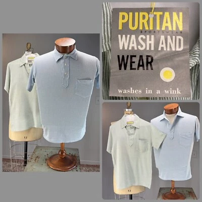 2 Camisas De Colección Años 60 50 PURITAN SPORTSWEAR Rayas Elevadas Tejidas Algodón Nylon Acetato Foto 1 de 4