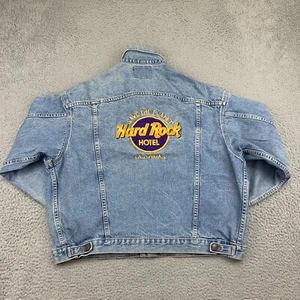 VTG Hard Rock Las Vegas Jacket Mens Large Blue Denim Hotel Trucker Flap Pockets - Picture 1 of 12