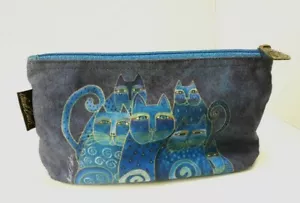 Laurel Burch Indigo Cats Clutch Purse Makeup Bag Vintage Cotton Lined Blue 10x6 - Picture 1 of 10