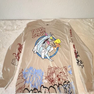 Tom and Jerry Long Sleeve T-Shirt Mens S Tan Graffiti Graphic Print Fun Retro - Picture 1 of 13