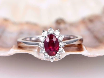 Natural Pink Ruby Halo Solitaire Engagement Ring White Gold Plated Silver - Image 1 of 4