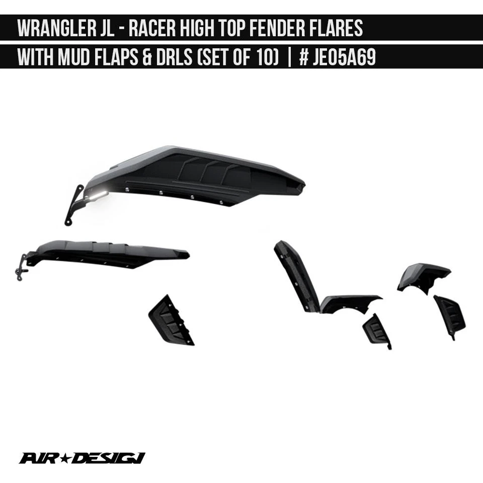 For Jeep Wrangler 18-24 High Top Fender Flare, Mud Flaps and DRL Set Racer Foto 1 de 4