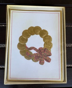 Burgoyne Box of 20 Christmas Cards Gold Bell Wreath Plaid Bow w Envelopes Emboss - Picture 1 of 14