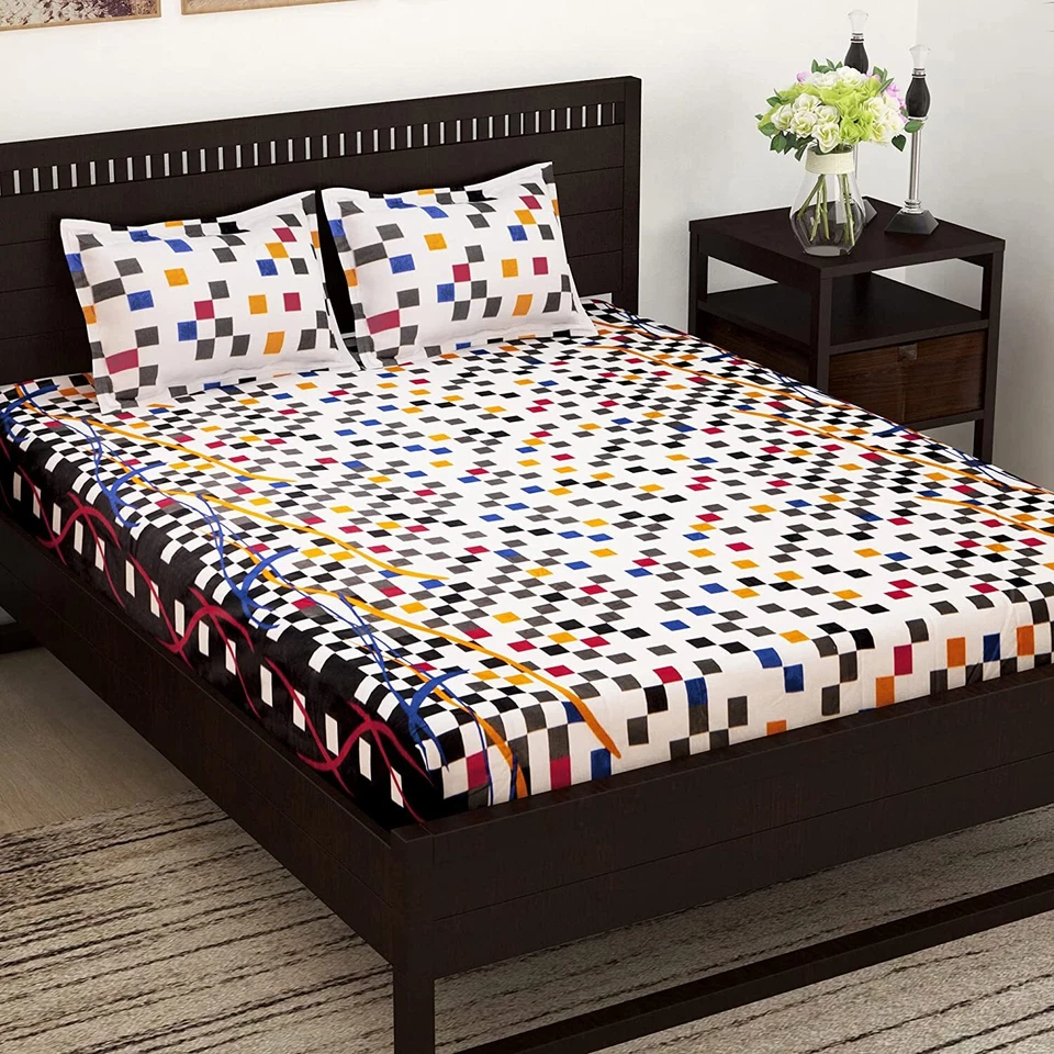 Sábana bajera de algodón tamaño doble con 2 fundas de almohada patrón cúbico, multicolor Foto 1 de 4