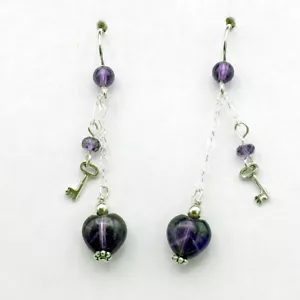 Sterling Silver and Amethyst heart dangle earrings-love, key to my heart, hearts - Picture 1 of 2