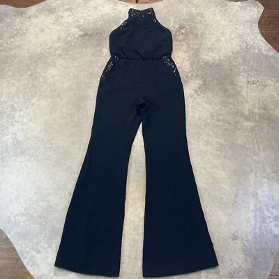 Rachel Zoe Lou Jumpsuit Womens 2 Black Sequin Neck Pockets Halter Neck Open Back - Image 1 of 4