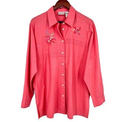 Blusa Camisa Top NAPA VALLEY Talla Grande Mezcla de Lino Rosa Coral Bordada Floral Foto 1 de 4