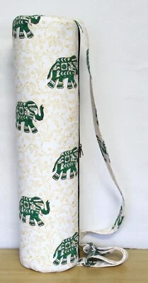 Indian Yellow Floral Elephant Hand Block Printed Yoga Mat Carrier Bags Gym Bags - Image 1 of 4