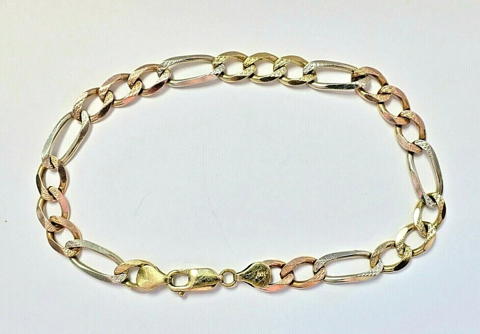 L@@K Impressive Solid 14K 3-Color Gold Figaro BRACELET 9.5" for MEN - Image 1 of 4