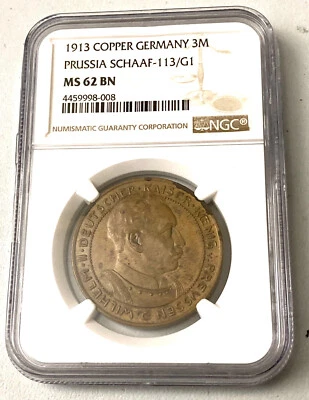 RARE 1913 COPPER GERMAN 3 MARK NGC MS 62 BN - Image 1 of 2