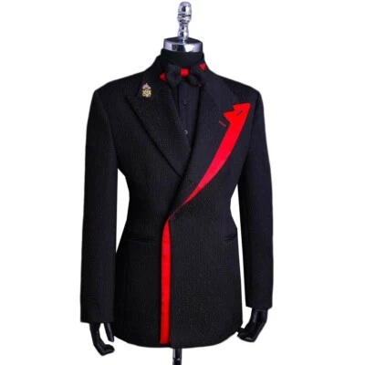 Chaqueta Blazer Abrigo Calce Ajustado para Hombres de Negocios Solapa Pico Pecho Único Negro Rojo Foto 1 de 4