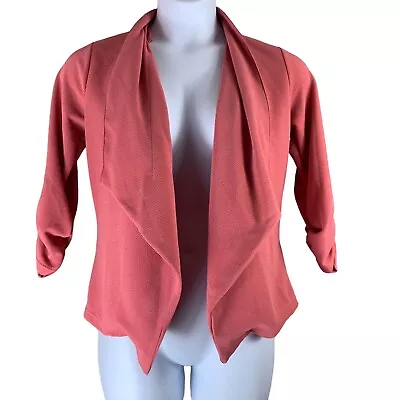 Doublju Medium Cardigan Pink Collared Open Front Top Ruched 1/2 Length Sleeves - Image 1 of 4