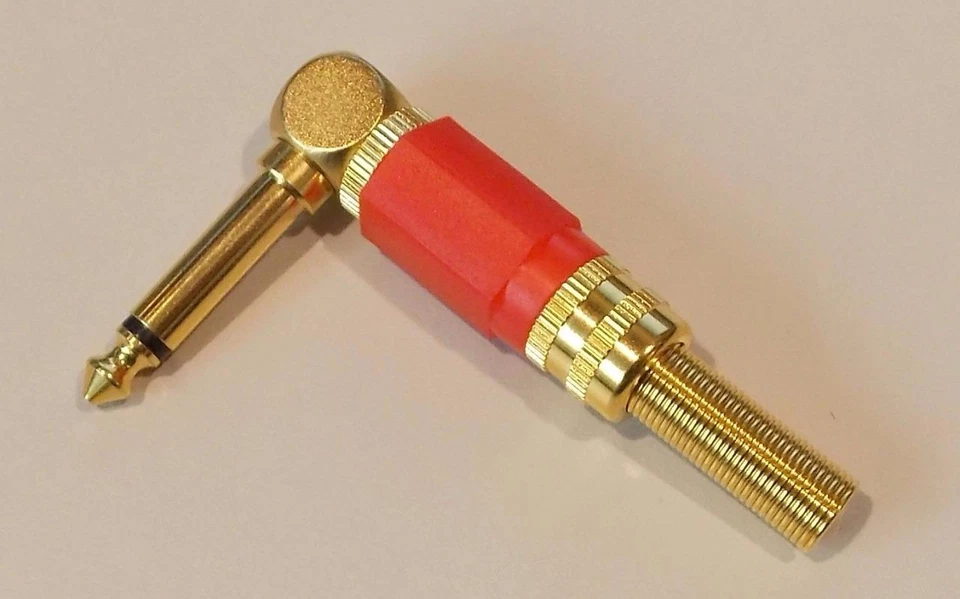 Cantidad (4) Enchufe de teléfono de ángulo recto dorado premium sobre latón alivio de tensión 1/4" 6,35 mm Foto 1 de 1