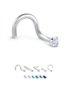 18K Solid White or Yellow Gold Nose Ring Stud Screw L Bend Bone 1.5mm CZ 18G - Picture 1 of 4