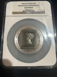 1990 Isle of Man Silver 5 Crown Penny Black Gem Proof NGC - Picture 1 of 3