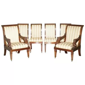 SIX FRENCH 1880 MAHOGANY HAND CARVED SPHINX ANTIQUE SALON DINING THRONE CHAIRS - Picture 1 of 23