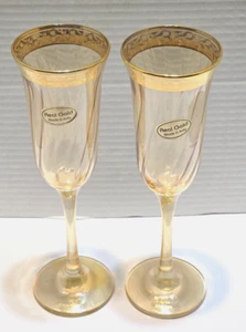 Due Flauti Champagne Stelo Lungo Cristallo Italiano Ambra Oro/Oro Sovrapposizione Cerchi - Foto 1 di 12