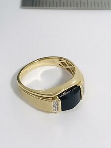14K Yellow Gold Black Onyx & Diamond Accent And Diamond Illusion Ring Size 11
