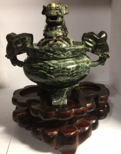 Chinese Foo Dog censor jadite stone 5 3/4” H 6” W on 2 1/2” H wood stand - Picture 1 of 12