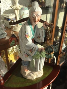 large Chinese ceramic old lady with yoke figurine 14” Tall - Picture 1 of 12