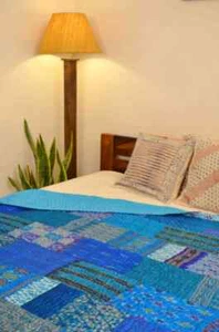 Turquoise Blue Patchwork Hand Embroidered Silk Bedspread - Picture 1 of 5