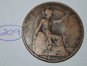 1917 Great Britain 1 Penny George V UK Coin KM# 810 Lot #209 - Picture 1 of 2