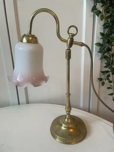 Art Nouveau Brass Adjustable Lamp Pink Shade Edwardian Style Patina Vintage - Picture 1 of 5