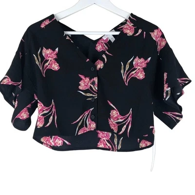LEITH Black Pink Floral Crop Top Summer XS Buttons NWT Cropped V-Neck Flutter - Image 1 of 4