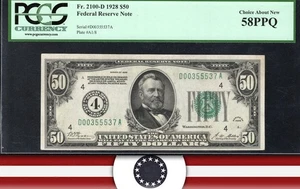 1928 $50 CLEVELAND NUMERICAL FRN Federal Reserve Note PCGS 58 PPQ Fr 2100-D 5537 - Picture 1 of 3