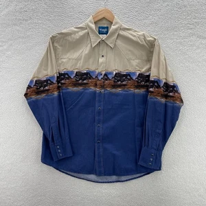Wrangler Shirt Mens XL Blue Western Pearl Snap Horses Aztec Cowboy Rodeo Ranch - Picture 1 of 11