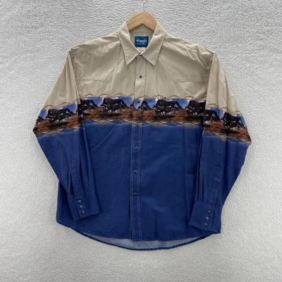 Wrangler Shirt Mens XL Blue Western Pearl Snap Horses Aztec Cowboy Rodeo Ranch - Image 1 of 4