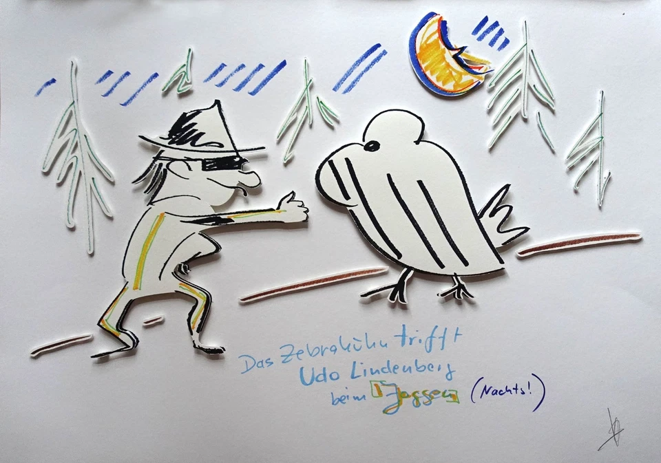 Helge Schneider Das Zebra Huhn trifft Udo Lindenberg beim Joggen Handsigniert 3D - Bild 1 von 1