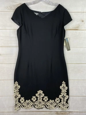 Vestido Vintage Maggy London Talla 16 Negro Muy Bordado Manga Gorra Nuevo con Etiquetas Foto 1 de 4
