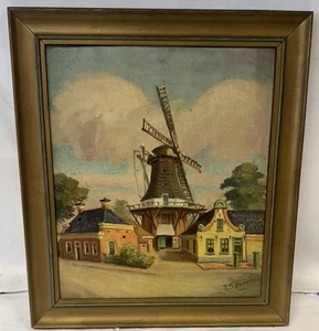 Antique Dutch Village with Windmill Original Oil Painting Signed P Sennema - Picture 1 of 3