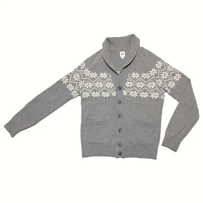 Cárdigan GAP Hombres S Fair Isle Botones Gris Copo de Nieve Cuello Cálido Bolsillos Foto 1 de 4