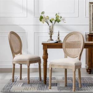 2-PC French Style Solid Wood Frame Linen Fabric Rattan Back Dining Chair,Cream - Picture 1 of 11