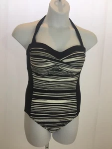 Merona One Piece Halter Swimsuit: Black and White  NEW w/Tags Large Soft Cup Bra - Picture 1 of 9
