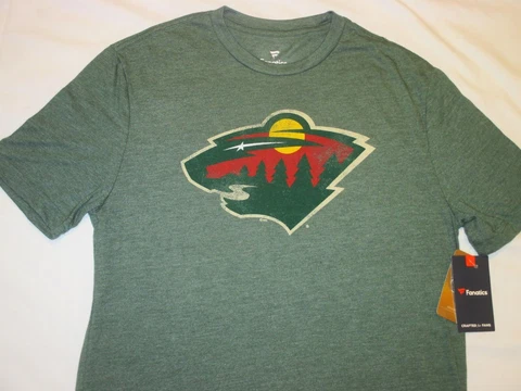 Men's MINNESOTA WILD Fanatics Brand NHL T-SHIRT Heather GREEN Retro Logo $40 NWT Cover