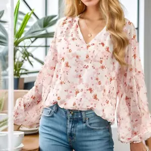 Damen Freizeit Blumendruck V-Ausschnitt Langarm lose Blusen Shirts Tops Sommer - Bild 1 von 14
