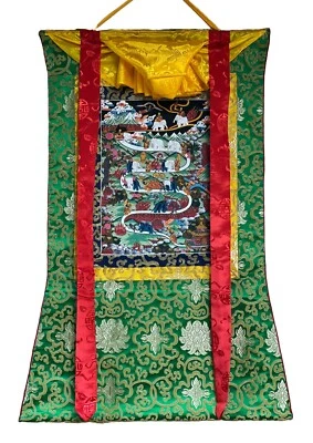 PINTURA THANGKA TIBETANA ORIGINAL MEDITACIÓN SAMATHA/CAMINO AL CIELO ENMARCADA EN SEDA Foto 1 de 4
