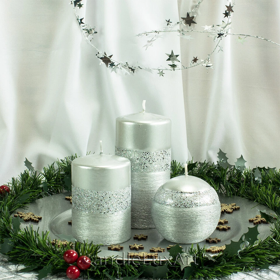 Stumpenkerze Kugelkerze Silber patiniert Metallic Glitzer Schmuckkerze Advent - Bild 1 von 1