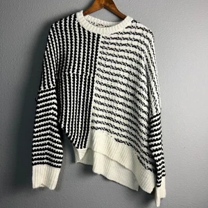 Elan Mara Asymmetrical Striped Color Block Pullover Sweater Knit Black White Lg - Picture 1 of 11