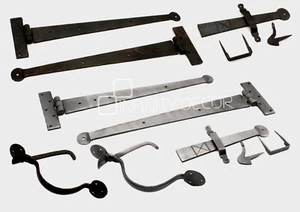 18" Tee Hinge Pair & Suffolk Latch Set Penny End Hand Forged Iron Beeswax/Pewter - Picture 1 of 20