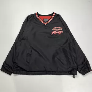 Vtg Chevy Racing Mens Windbreaker M Black Lined Pullover Embroidery Steve Barrys - Picture 1 of 10