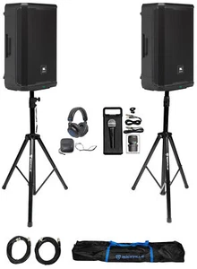 2) JBL PRX912 12" 1000w Powered 2-Way DJ PA Speakers w/DSP+Stands+Headphones+Mic - Picture 1 of 12